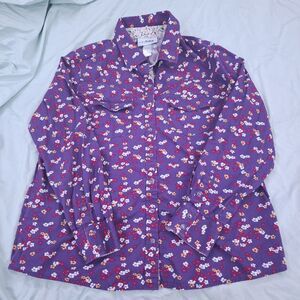 Back In The Saddle Snap Shirt Womens XL Purple Floral Button Up Long Sleeve READ